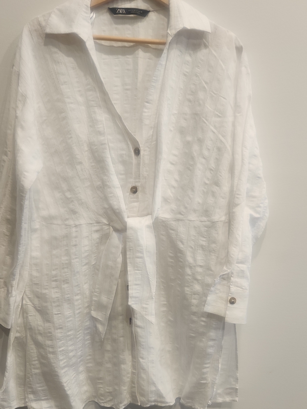 Zara White Longline Button-Down Shirt with Waist Tie